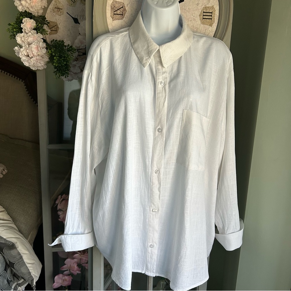 H & M Oversized White Boyfriend Shirt Long Sleeve Collar Button-Up Size XL